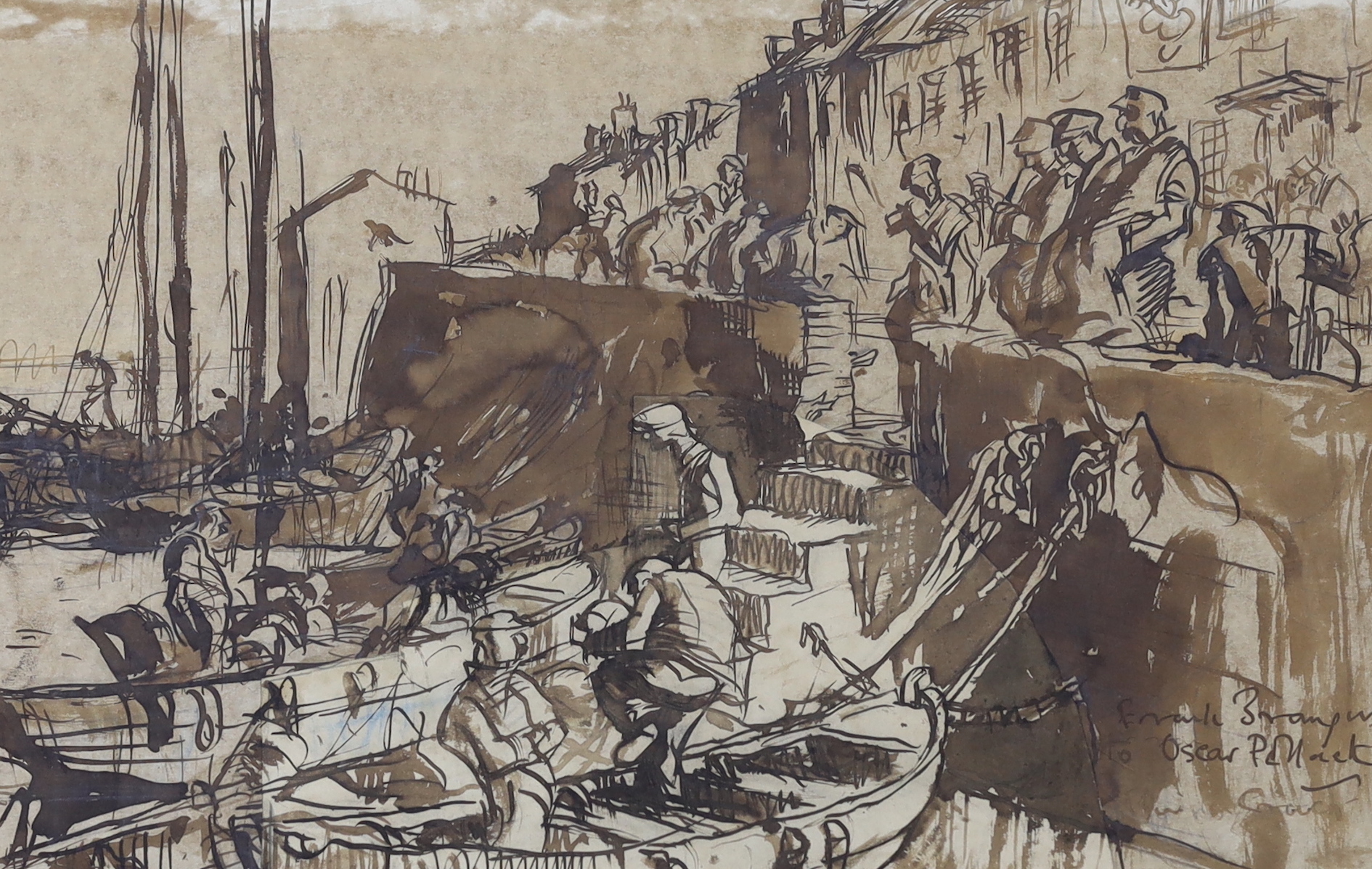 Frank Brangwyn (1867-1956), pen, ink and wash, Harbour scene with boats and figures, signed and inscribed, 25 x 38cm